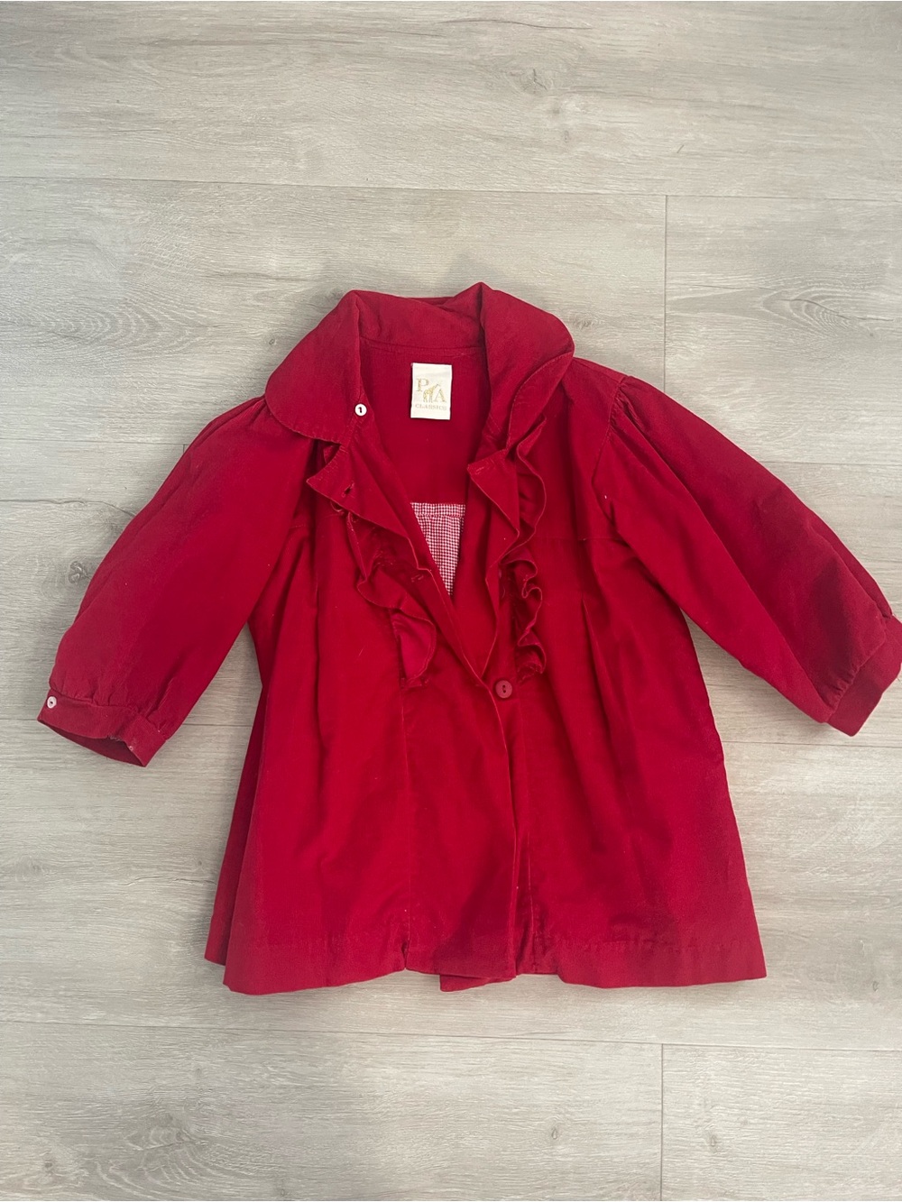 Classic Red Ruffle-Front Pea Coat for Girls